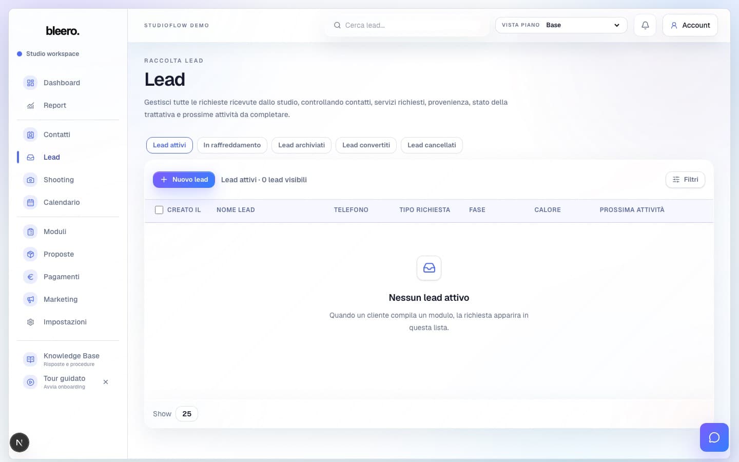 Interfaccia autentica di Bleero Studio Manager con richieste e opportunità