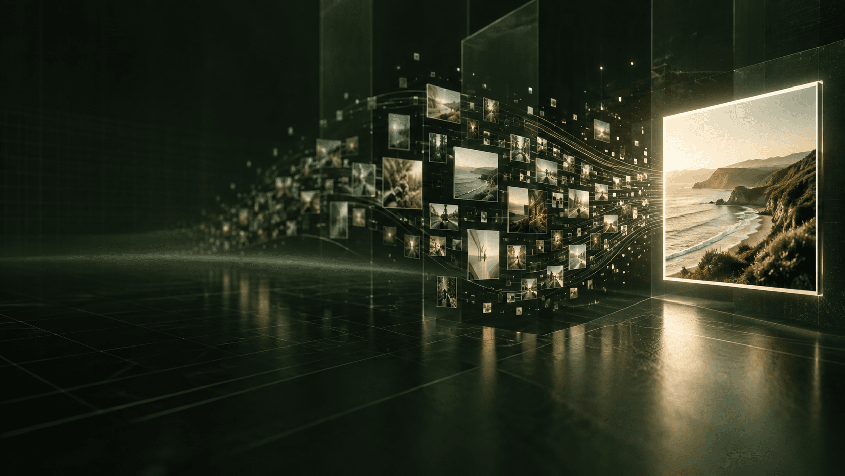 Flusso digitale di fotografie connesse in un ambiente tecnologico