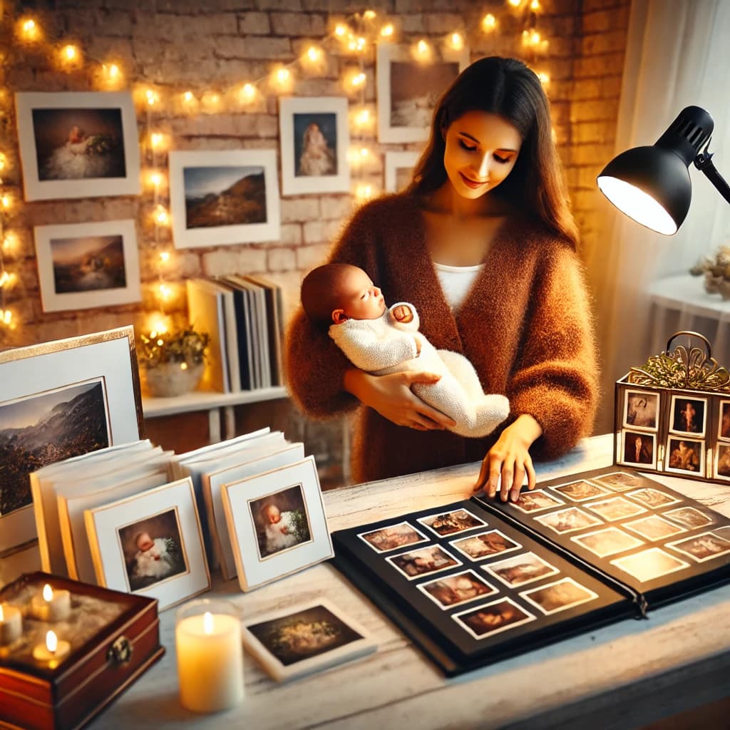 DALL·E 2024-12-22 16.00.15 - A square photographic-style image of a cozy photography studio setting. A photographer is showing a young mother holding her newborn baby a selection